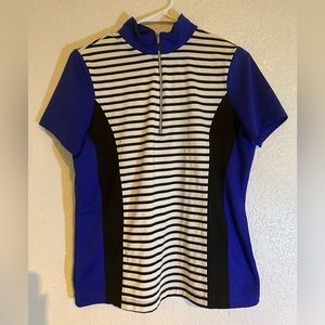 Zenergy Golf by Chico’s, Size 1 Athletic Golf Shirt. White,blue,black, stripes.